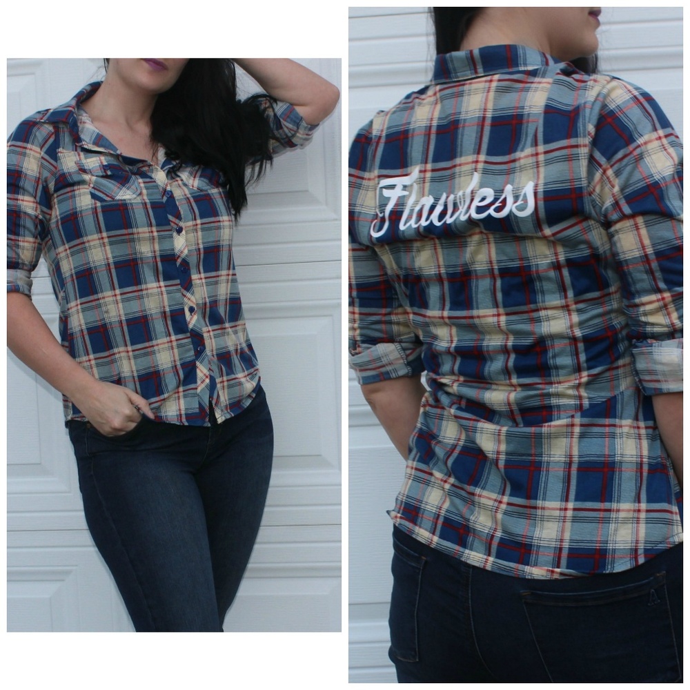 Plaid button down shirt "Flawless" on back